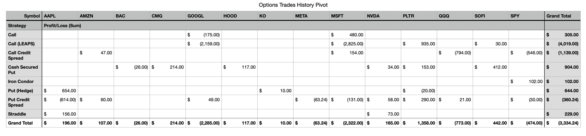 Table View - Profit and Loss by Stock Symbol and Option Strategy