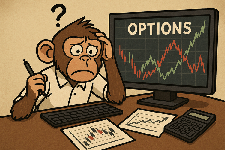 Picture of a Confused Monkey with a Pen in hand, sitting in front of a keyboard and some charts on some papers and a monitor
