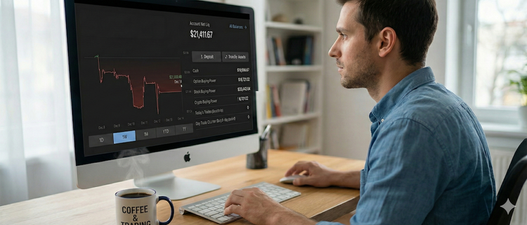 Image generated using Gemini Nano Banana Pro. A male trader is looking at their computer screen. They have a single screen and a cup of coffee on their table.