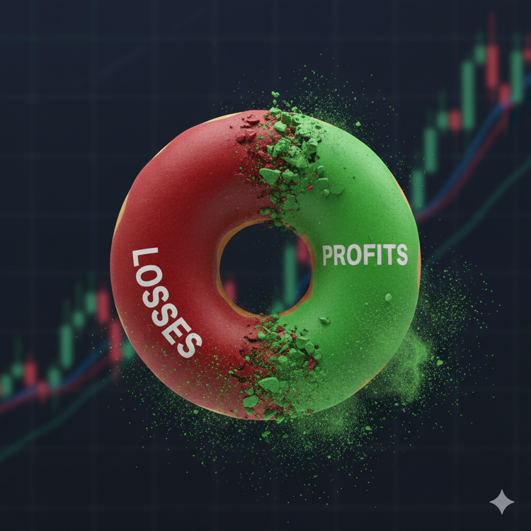 Create an image showing a visual where profits and losses are represented as a donut with the losses in red and profits in green, while the profits in green are disappearing