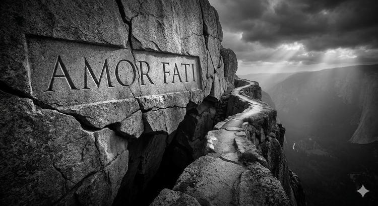 A conceptual photojournalistic image features a stone-carved inscription "AMOR FATI," set against a massive, fracturing granite cliff.
