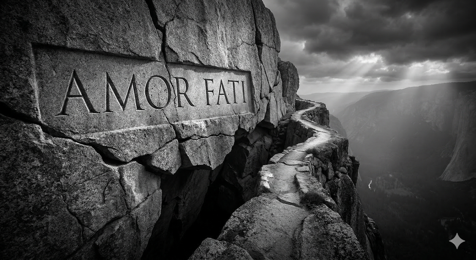 A conceptual photojournalistic image features a stone-carved inscription "AMOR FATI," set against a massive, fracturing granite cliff.